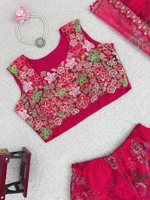 Rani pink colour tibby silk shrug sharara set with embroidered blouse 3