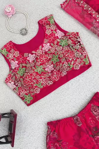 Rani pink colour tibby silk shrug sharara set with embroidered blouse