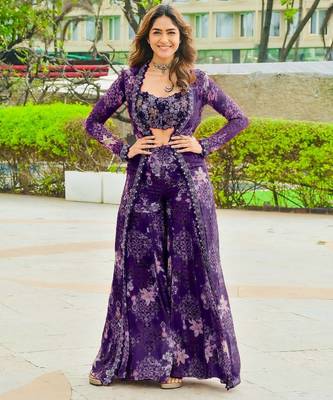 Purple tibby silk shrug sharara set with embroidered blouse 1