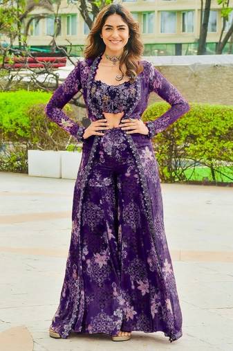 Purple tibby silk shrug sharara set with embroidered blouse
