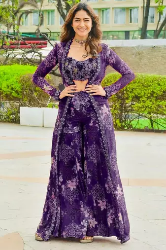 Purple tibby silk shrug sharara set with embroidered blouse