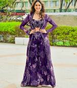 Purple tibby silk shrug sharara set with embroidered blouse