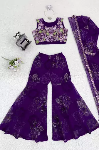 Purple tibby silk shrug sharara set with embroidered blouse