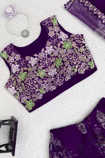 Purple tibby silk shrug sharara set with embroidered blouse
