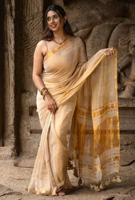 Ivory colour tissue linen cotton saree with running blouse 1