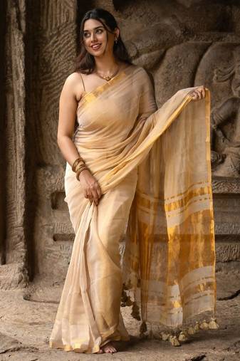 Ivory colour tissue linen cotton saree with running blouse