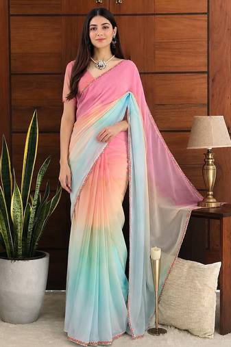 Pink colour ready to wear georgette saree with lace border