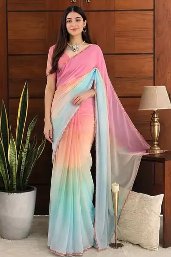 Pink colour ready to wear georgette saree with lace border