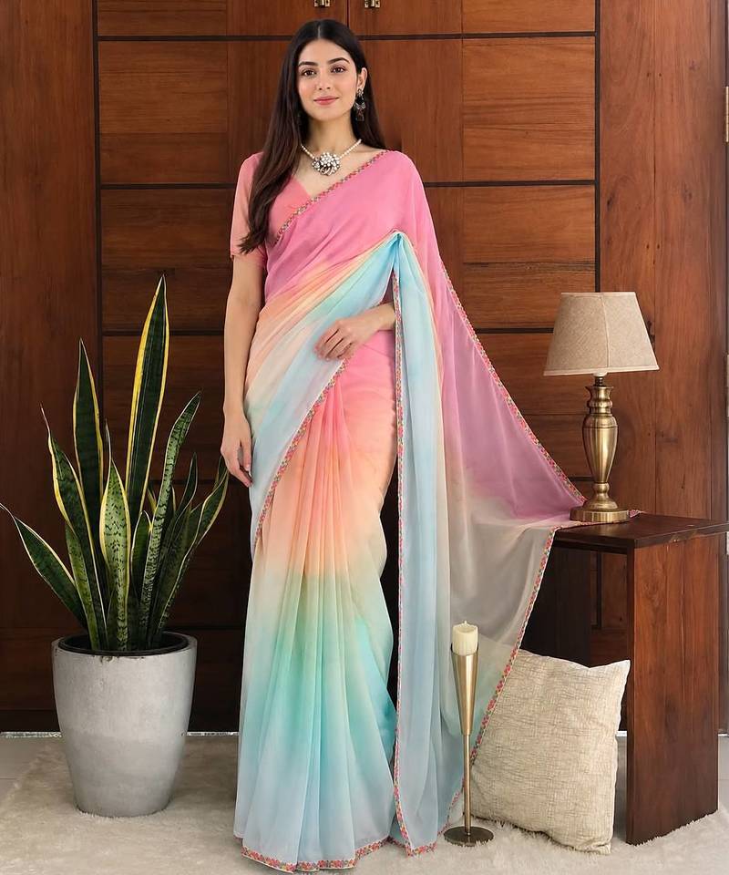 Pink colour ready to wear georgette saree with lace border