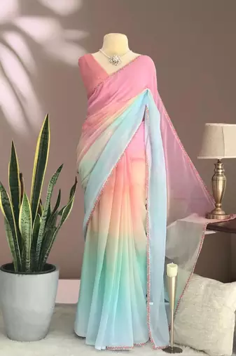 Pink colour ready to wear georgette saree with lace border