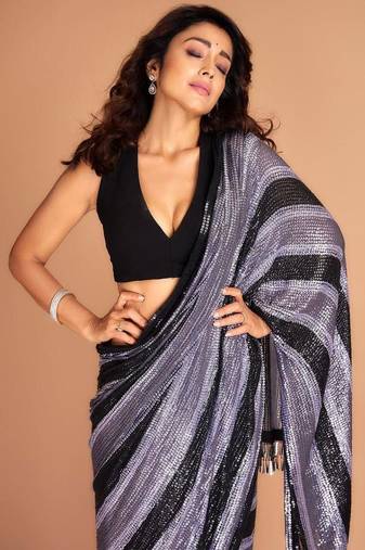 Black colour premium sequins work saree with bangalore silk blouse