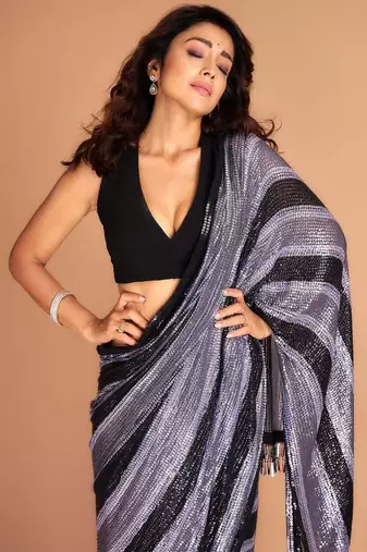 Black colour premium sequins work saree with bangalore silk blouse