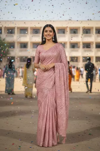 Pink colour imported sequins saree with mulberry silk blouse