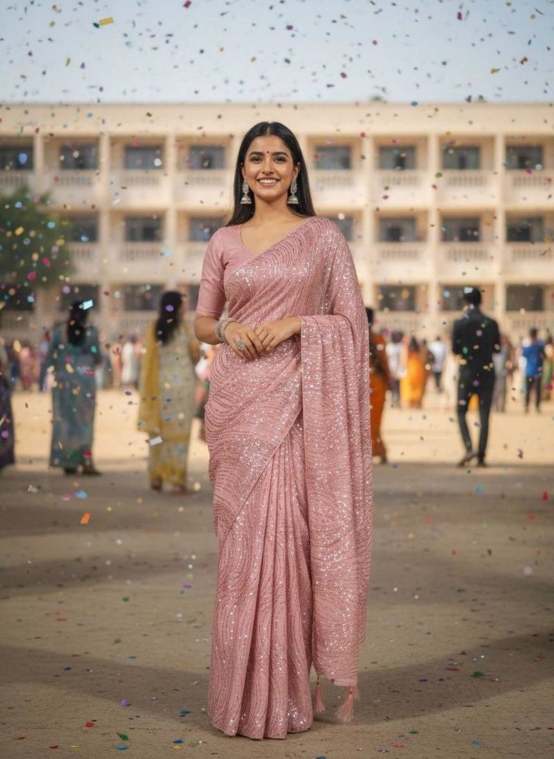 Pink colour imported sequins saree with mulberry silk blouse