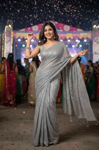 Grey colour imported sequins saree with mulberry silk blouse