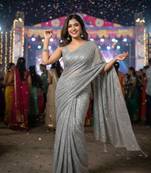 Grey colour imported sequins saree with mulberry silk blouse