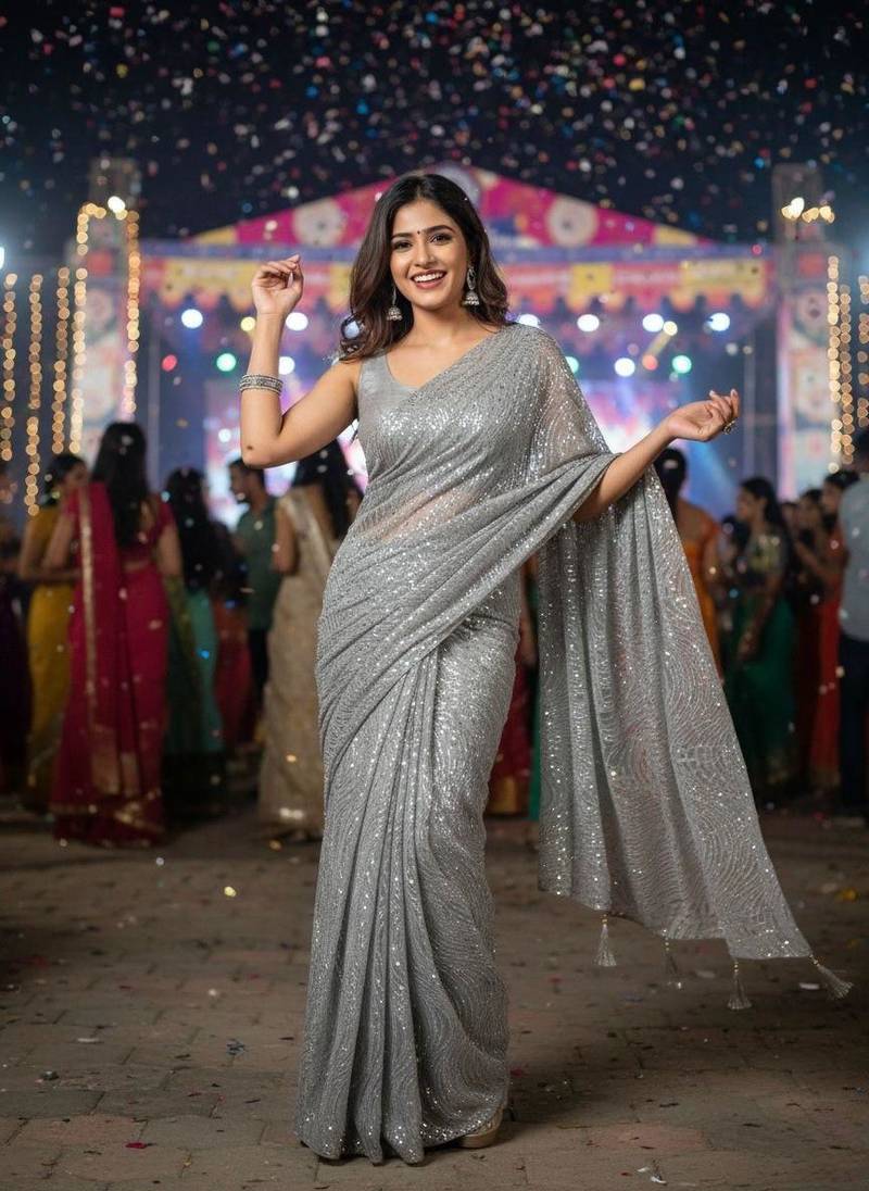 Grey colour imported sequins saree with mulberry silk blouse