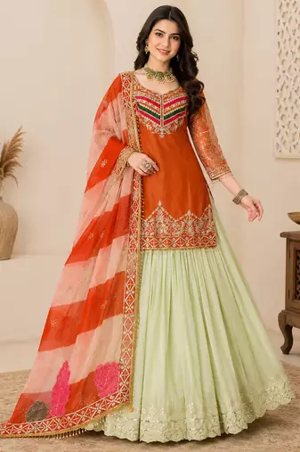 ORANGE COLOUR Fandy Silk Embroidered Lehenga Set