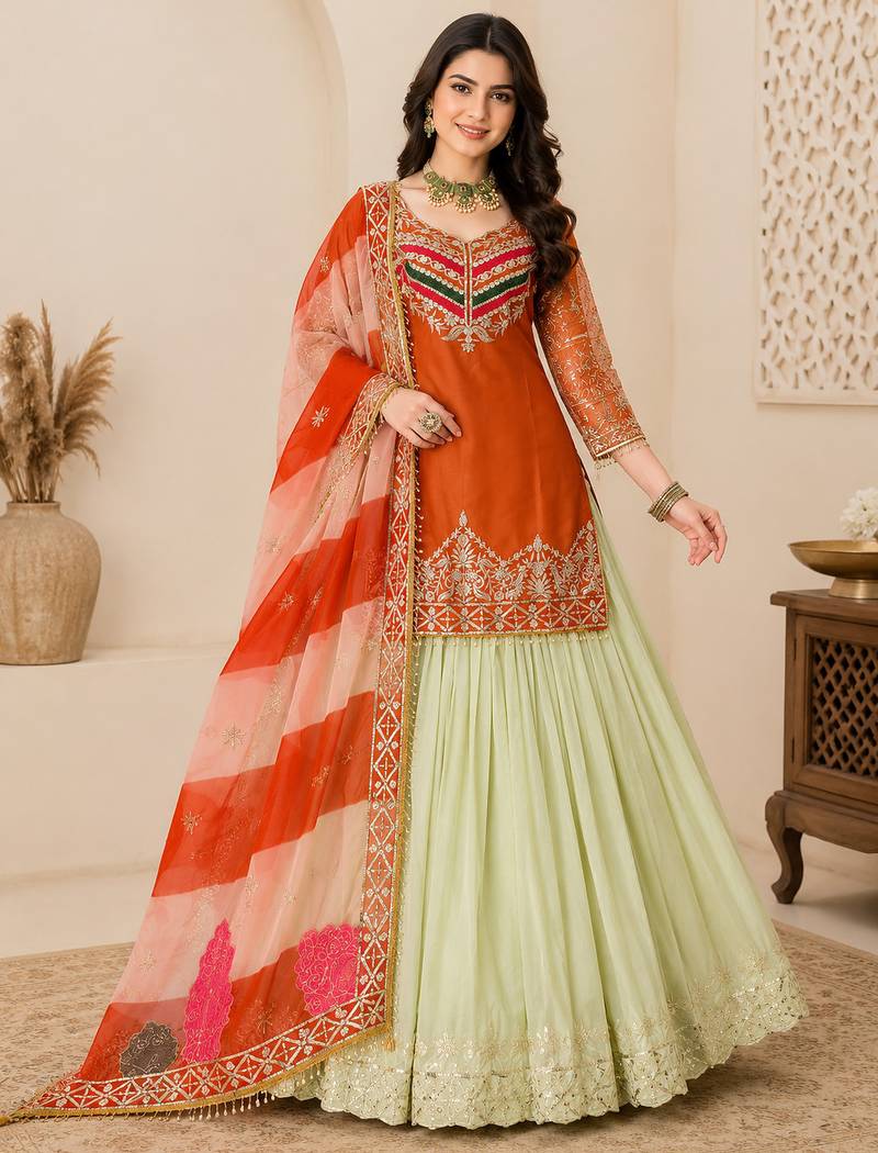 ORANGE COLOUR Fandy Silk Embroidered Lehenga Set