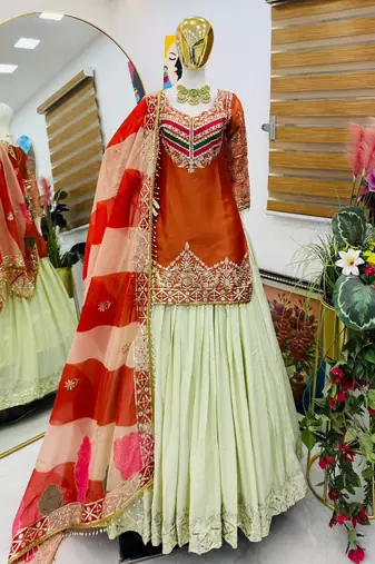 ORANGE COLOUR Fandy Silk Embroidered Lehenga Set