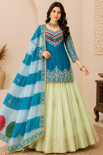 BLUE COLOUR Fandy Silk Embroidered Lehenga Set