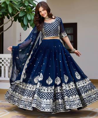 navy blue colour Heavy Fox Georgette Embroidered Lehenga Choli Set 1