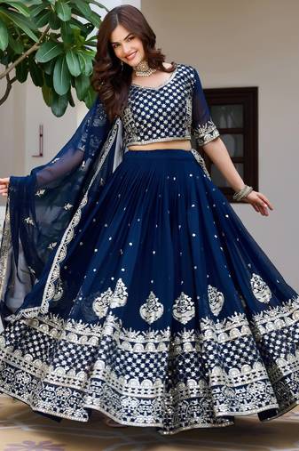 navy blue colour Heavy Fox Georgette Embroidered Lehenga Choli Set