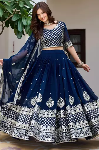 navy blue colour Heavy Fox Georgette Embroidered Lehenga Choli Set