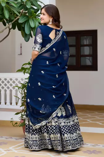 navy blue colour Heavy Fox Georgette Embroidered Lehenga Choli Set