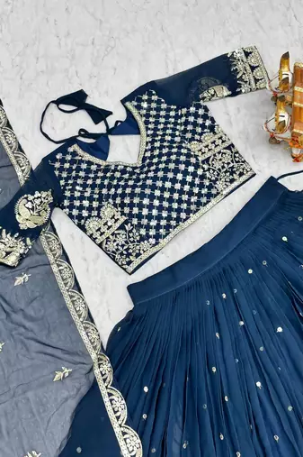 navy blue colour Heavy Fox Georgette Embroidered Lehenga Choli Set