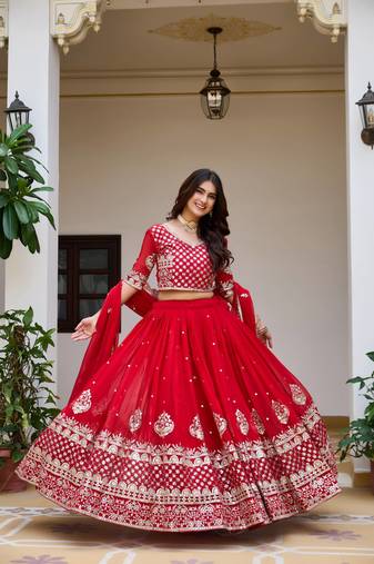 red colour Heavy Fox Georgette Embroidered Lehenga Choli Set
