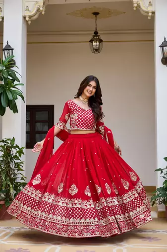 red colour Heavy Fox Georgette Embroidered Lehenga Choli Set