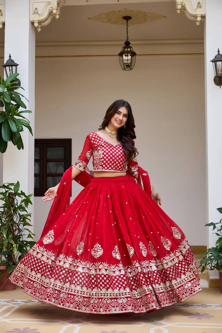 red colour Heavy Fox Georgette Embroidered Lehenga Choli Set