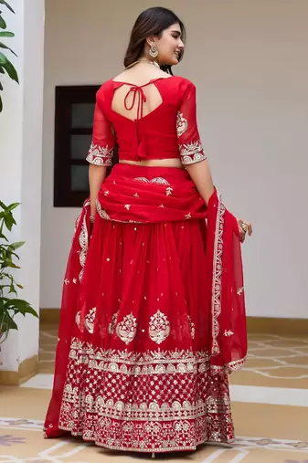red colour Heavy Fox Georgette Embroidered Lehenga Choli Set