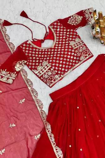 red colour Heavy Fox Georgette Embroidered Lehenga Choli Set