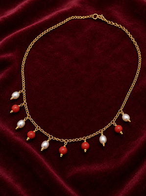 Gold-toned chain necklace with coral and pearl charm dangles, women's fashion jewellery 1
