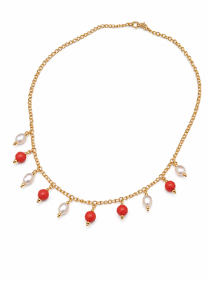 Gold-toned chain necklace with coral and pearl charm dangles, women's fashion jewellery 3