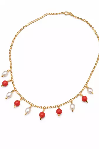 Gold-toned chain necklace with coral and pearl charm dangles, women's fashion jewellery