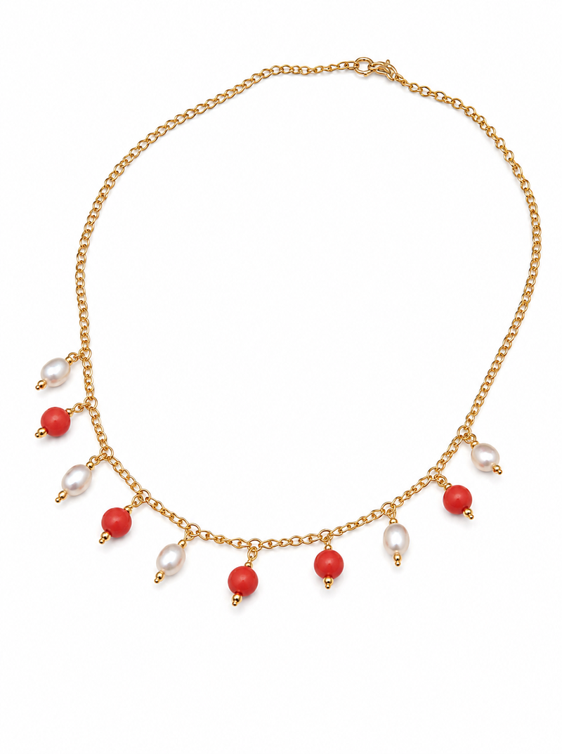 Gold-toned chain necklace with coral and pearl charm dangles, women's fashion jewellery