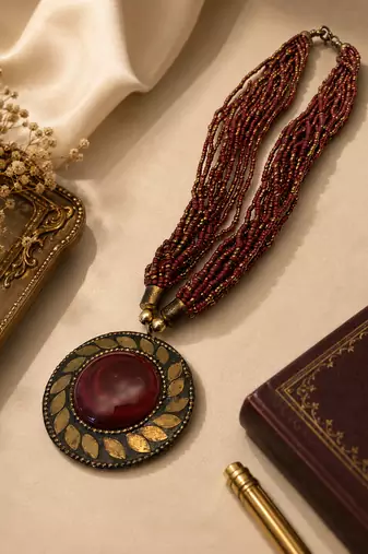 Multi-strand beaded pendant necklace, red and gold, round cabochon pendant, boho ethnic style