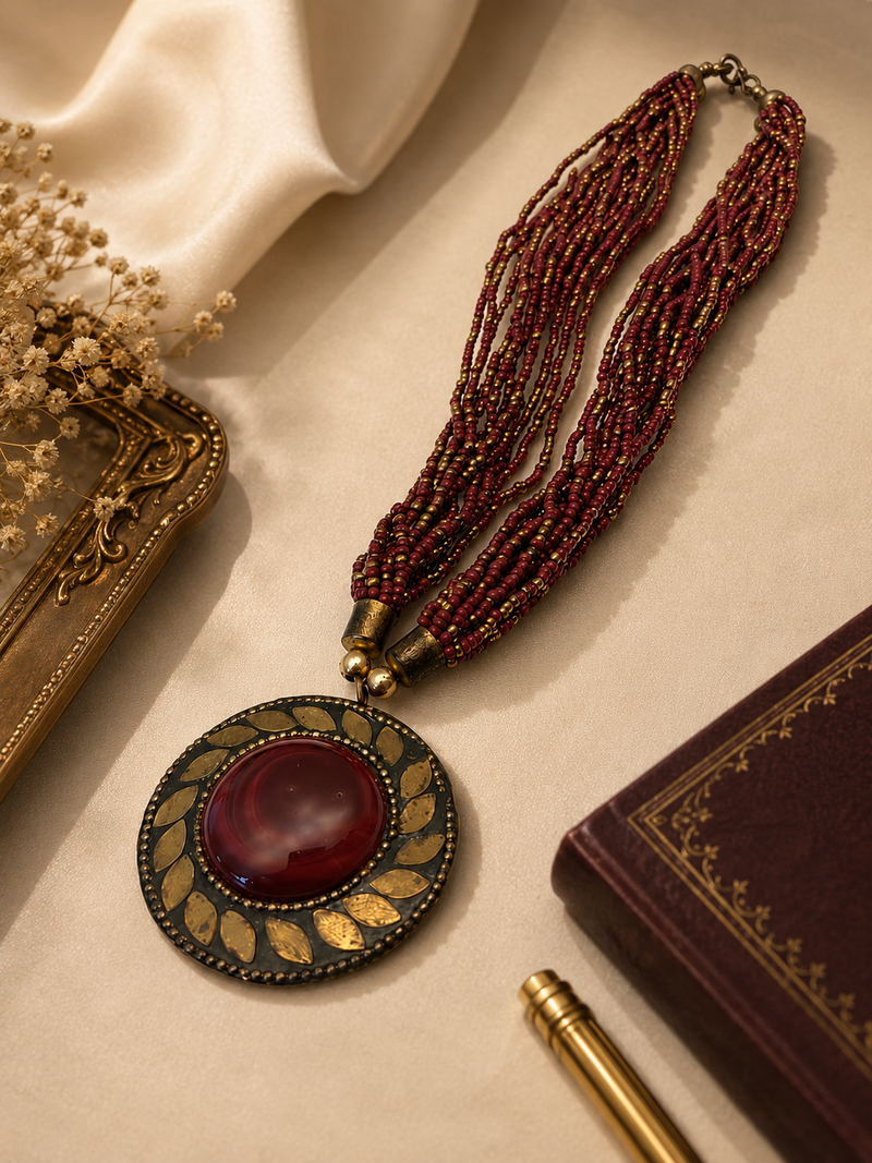 Multi-strand beaded pendant necklace, red and gold, round cabochon pendant, boho ethnic style