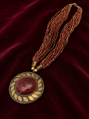 Multi-strand beaded pendant necklace, red and gold, round cabochon pendant, boho ethnic style 1
