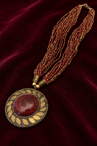 Multi-strand beaded pendant necklace, red and gold, round cabochon pendant, boho ethnic style