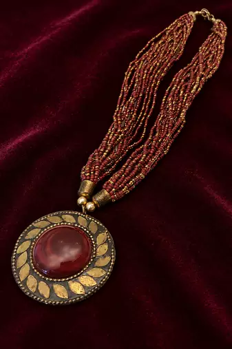 Multi-strand beaded pendant necklace, red and gold, round cabochon pendant, boho ethnic style