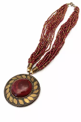 Multi-strand beaded pendant necklace, red and gold, round cabochon pendant, boho ethnic style