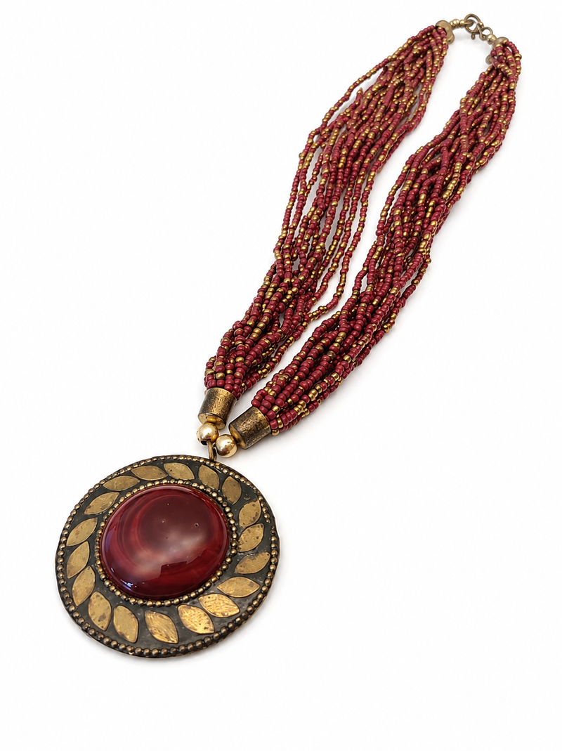 Multi-strand beaded pendant necklace, red and gold, round cabochon pendant, boho ethnic style