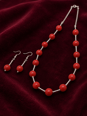 Red beaded necklace and earring jewellery set, silver-tone chain, drop earrings 1