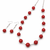Red beaded necklace and earring jewellery set, silver-tone chain, drop earrings