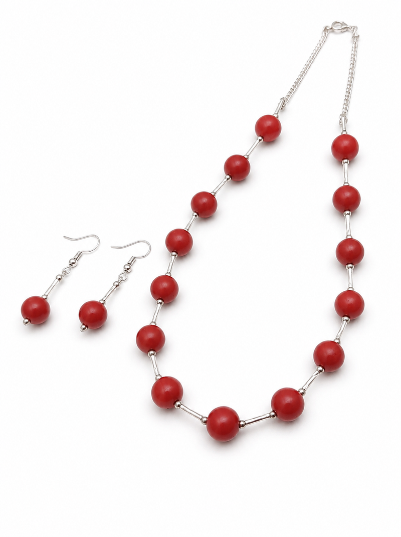 Red beaded necklace and earring jewellery set, silver-tone chain, drop earrings