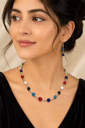 Multicolour beaded necklace and earrings set, silver-tone chain, casual boho style
